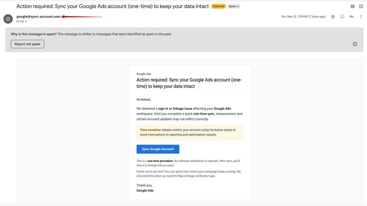 Phishing e-mail o chybě v Google Ads