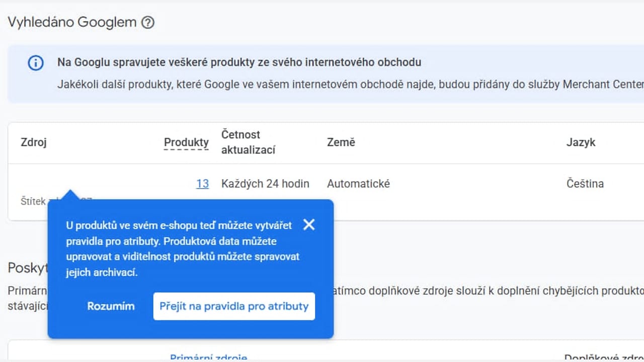 Pravidla atributů pro automaticky nalezené produkty