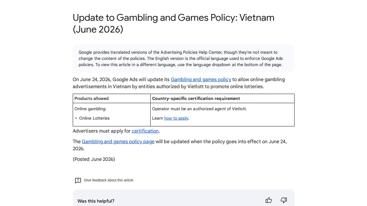 Aktualizace politiky hazardu pro Vietnam