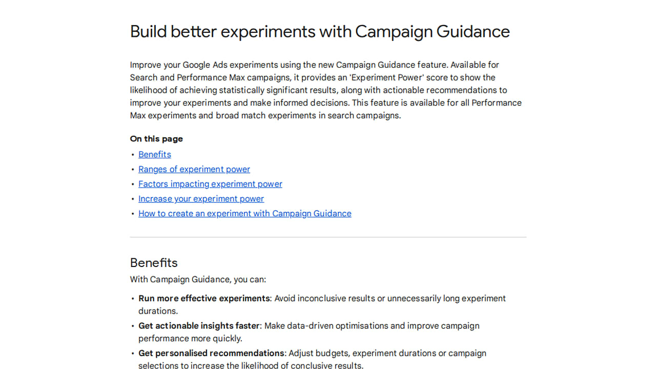 Campaign Guidance pro experimenty