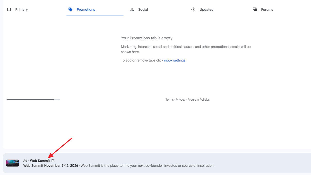 Gmail Ads v dolní části obrazovky
