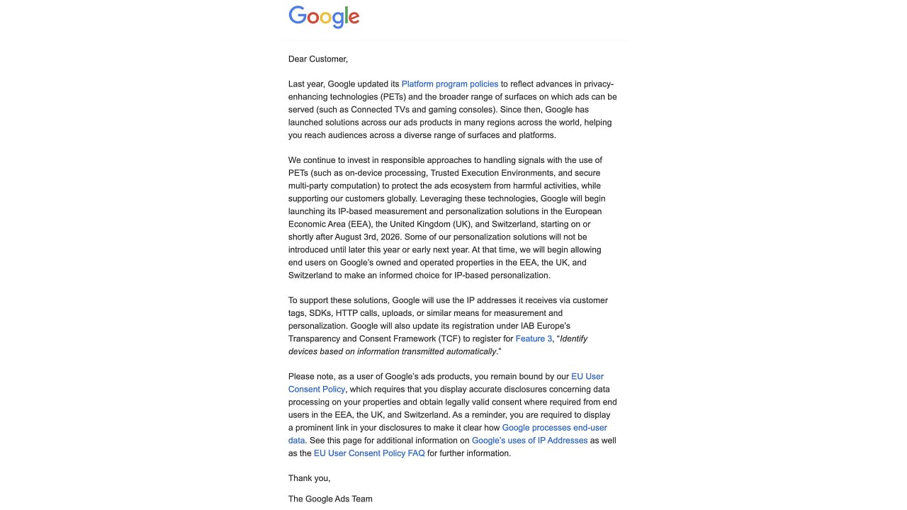 Google využije IP adresy k personalizaci reklam v EHP