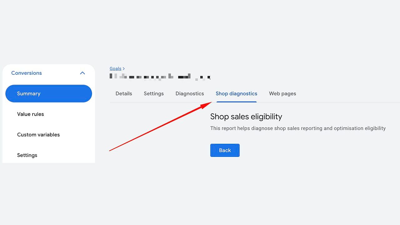 Záložka Shop Diagnostics v sekci Konverze