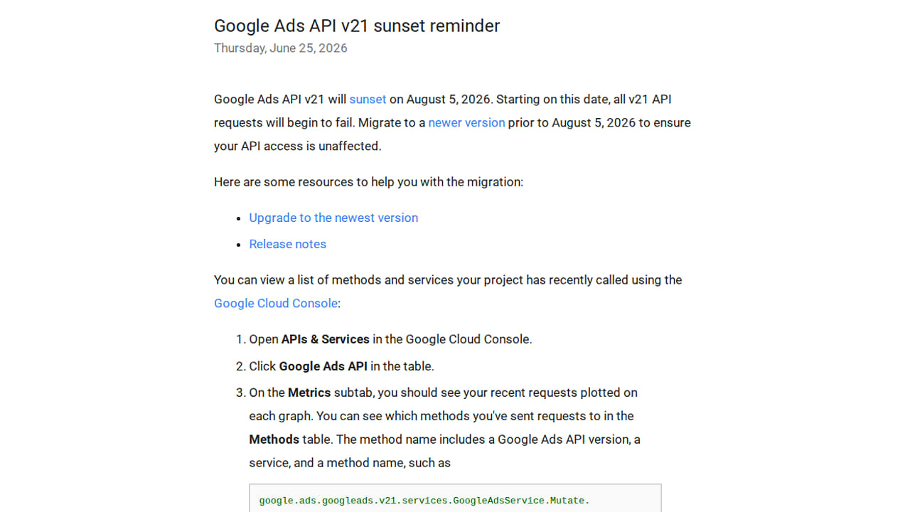 Konec podpory Google Ads API v21