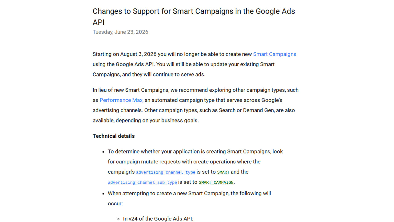 Tvorba Smart Campaigns přes API skončí