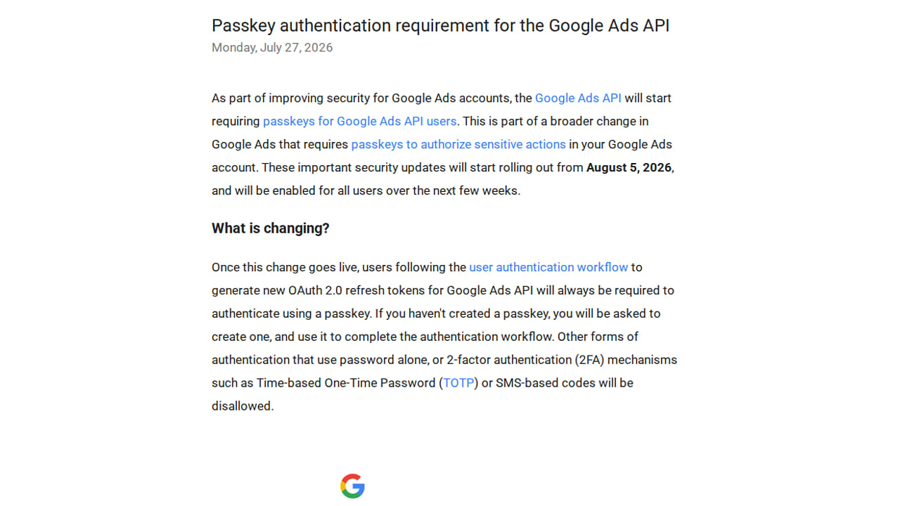 Google Ads API začne vyžadovat passkey