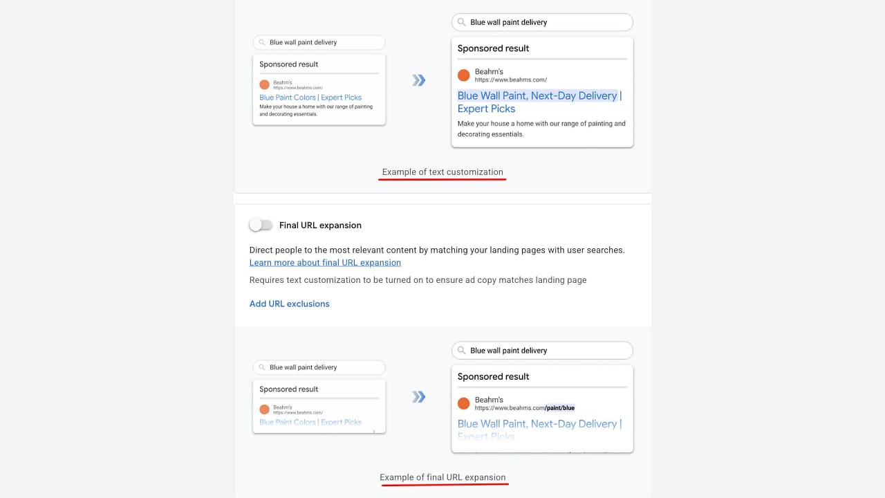Ukázky pro Text Customization a Final URL Expansion