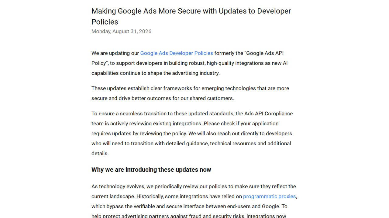 Aktualizace Developer Policies pro Google Ads API