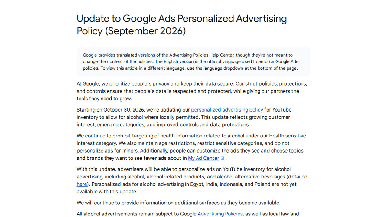 Aktualizace zásad personalizované reklamy pro YouTube