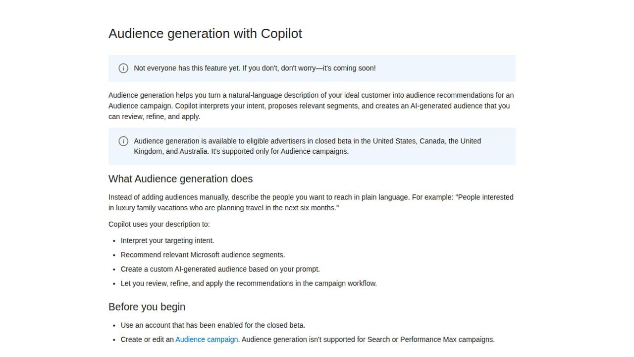 Copilot Audience Generation pro Audience kampaně