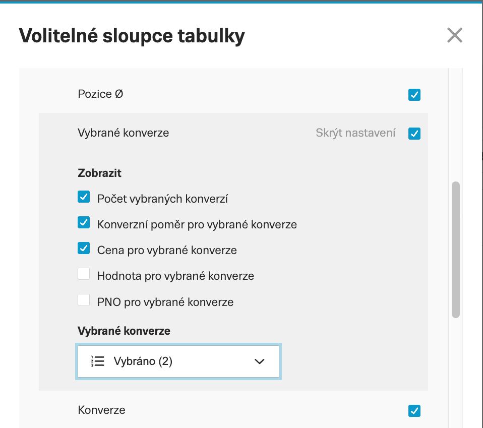 Vybrané konverze jako samostatné sloupce